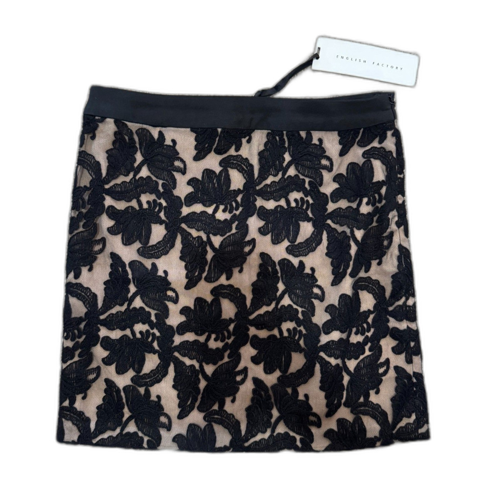 English Factory Black Embroidered Illusion Mini Pencil Skirt Size Small New NWT